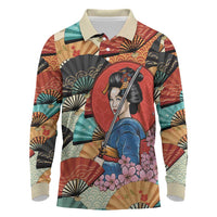 Japanese Geisha Katana Long Sleeve Polo Shirt Japan Sensu Seigaiha Pattern - Polynesian Pride