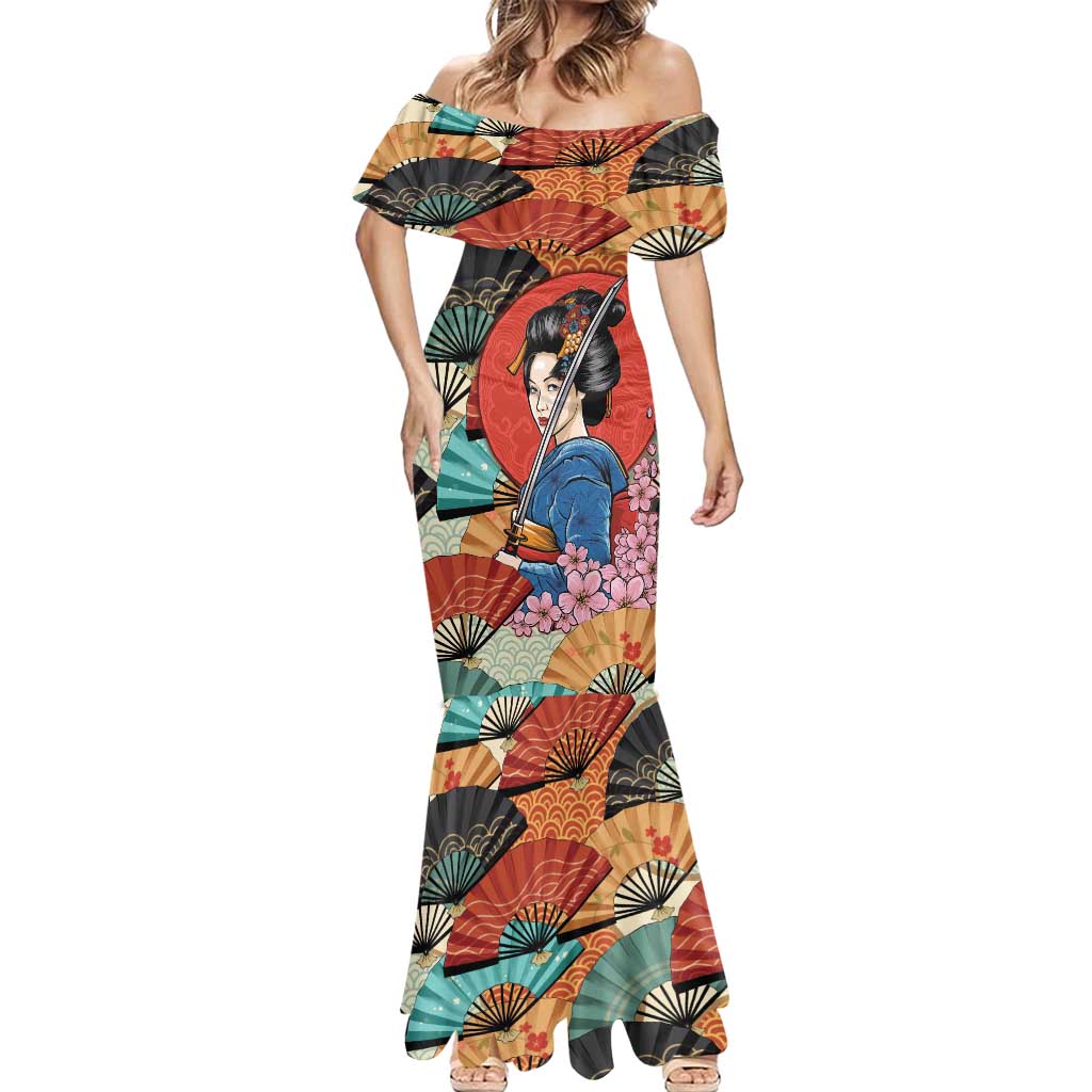 Japanese Geisha Katana Mermaid Dress Japan Sensu Seigaiha Pattern - Polynesian Pride