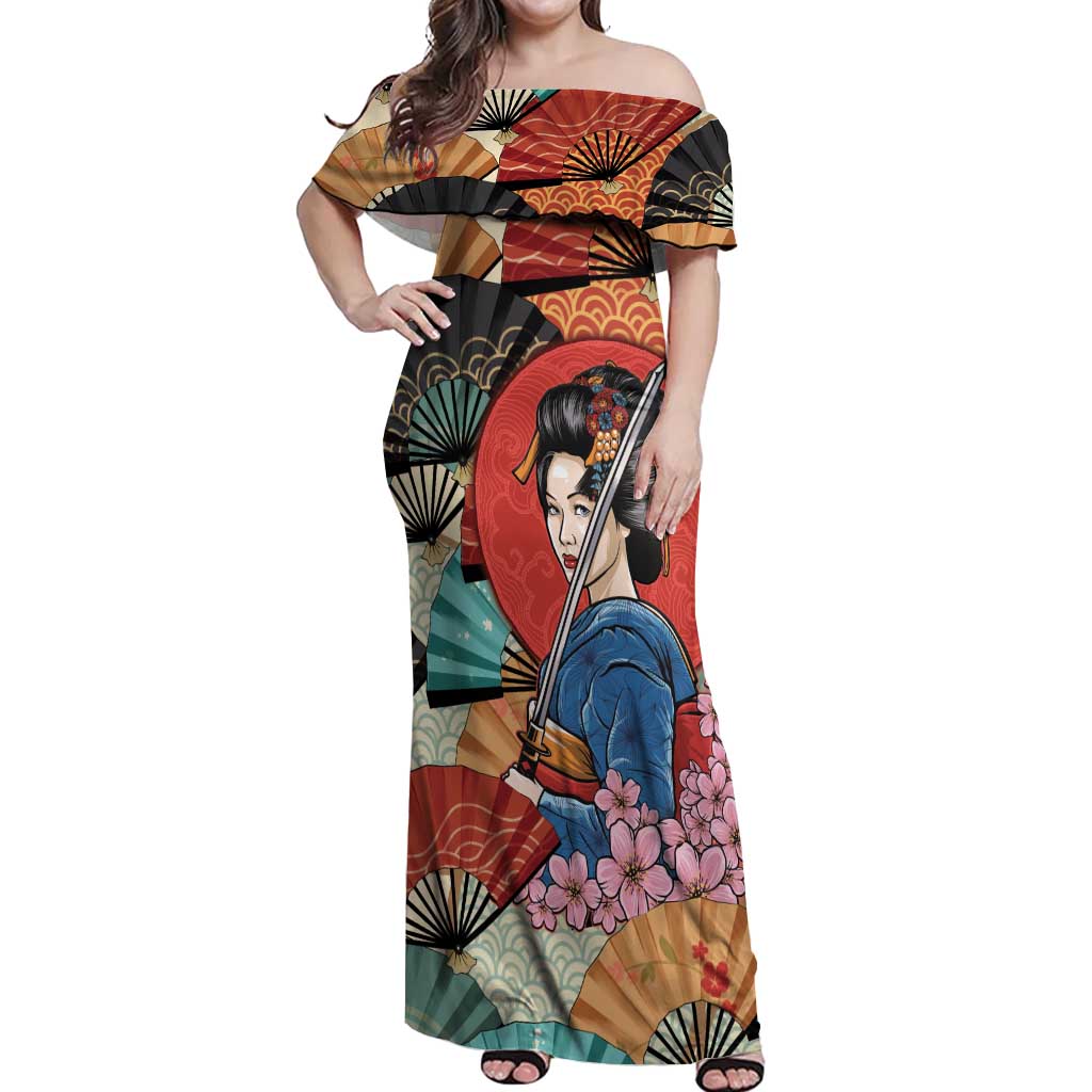 Japanese Geisha Katana Off Shoulder Maxi Dress Japan Sensu Seigaiha Pattern - Polynesian Pride