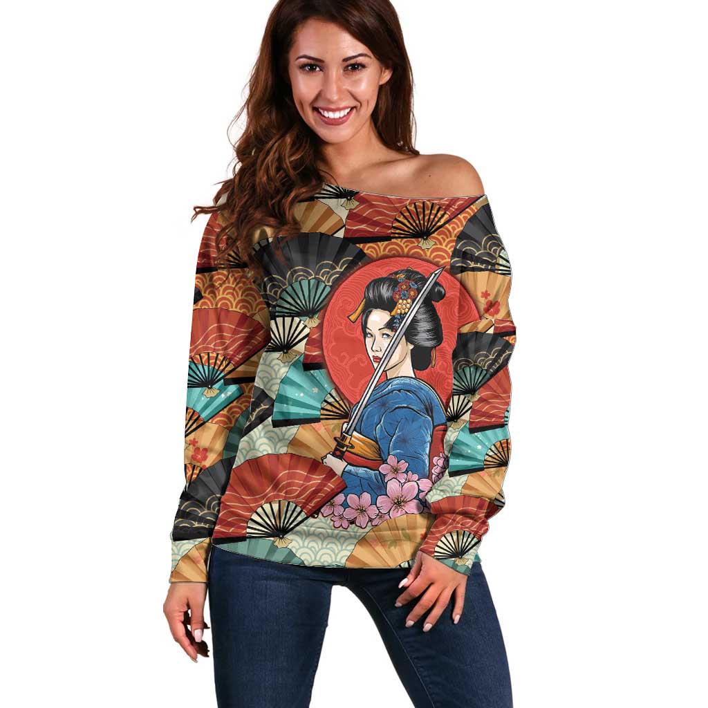 Japanese Geisha Katana Off Shoulder Sweater Japan Sensu Seigaiha Pattern - Polynesian Pride