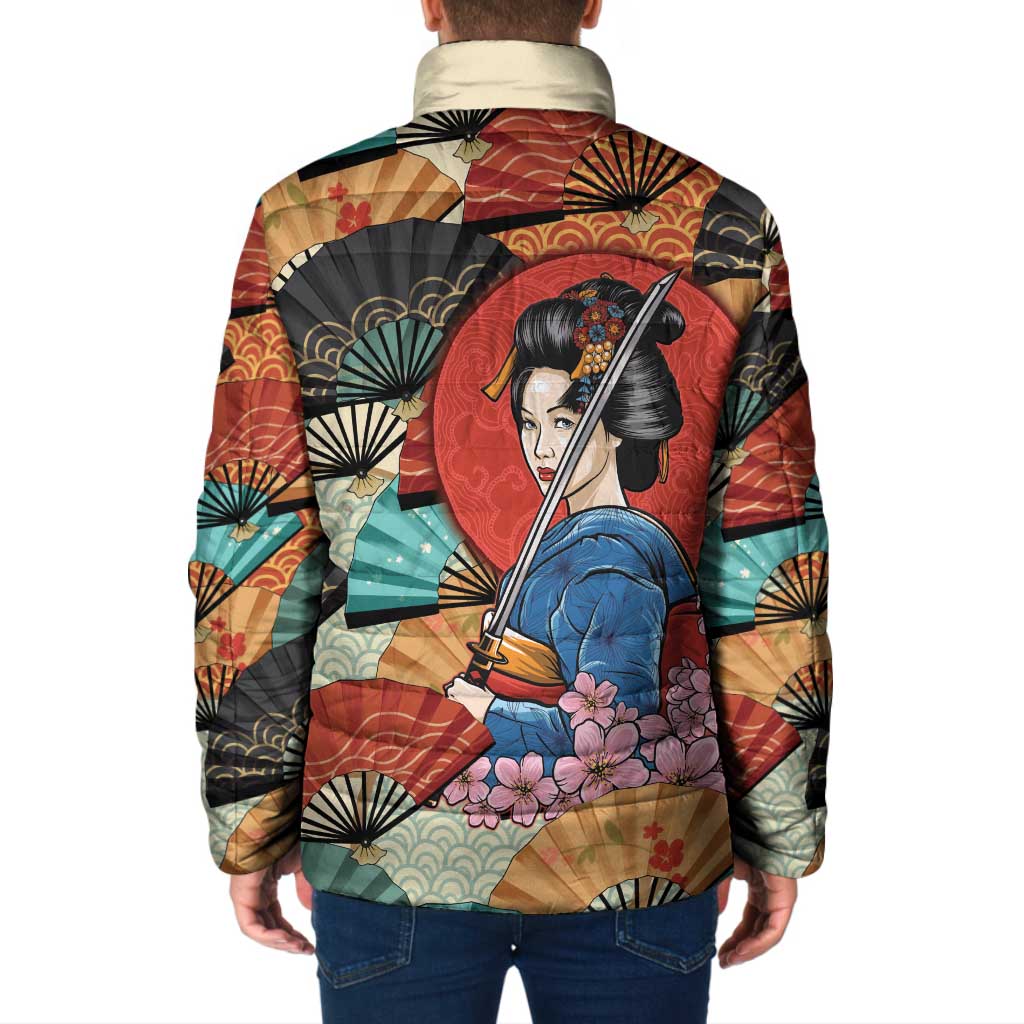 Japanese Geisha Katana Padded Jacket Japan Sensu Seigaiha Pattern - Polynesian Pride