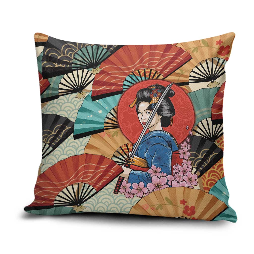 Japanese Geisha Katana Pillow Cover Japan Sensu Seigaiha Pattern - Polynesian Pride