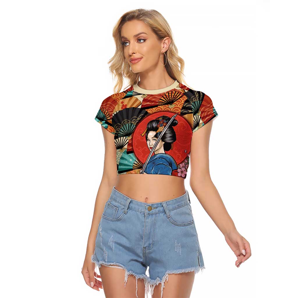 Japanese Geisha Katana Raglan Cropped T Shirt Japan Sensu Seigaiha Pattern - Polynesian Pride