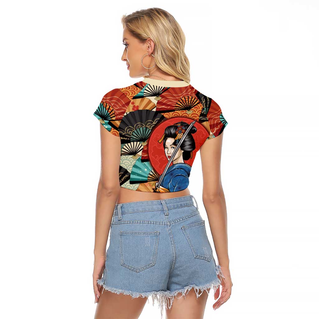 Japanese Geisha Katana Raglan Cropped T Shirt Japan Sensu Seigaiha Pattern - Polynesian Pride