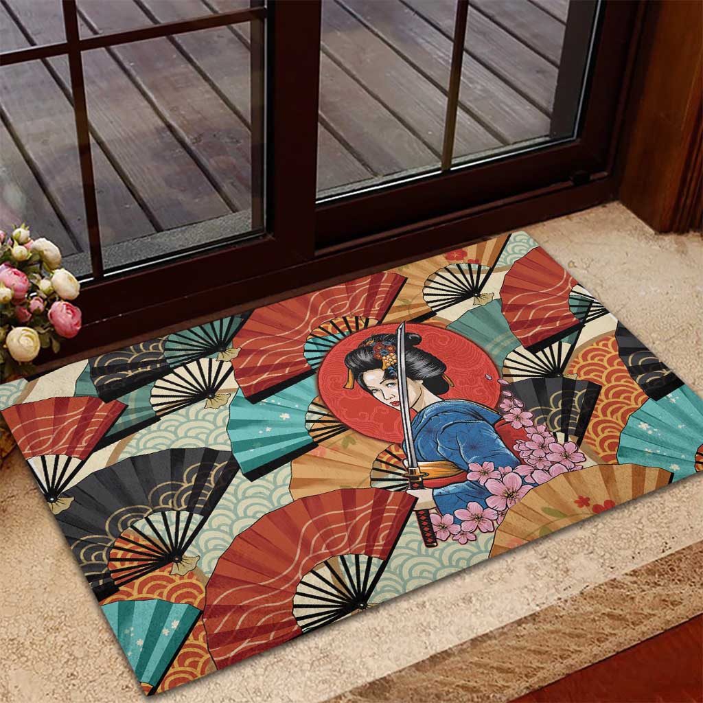 Japanese Geisha Katana Rubber Doormat Japan Sensu Seigaiha Pattern - Polynesian Pride