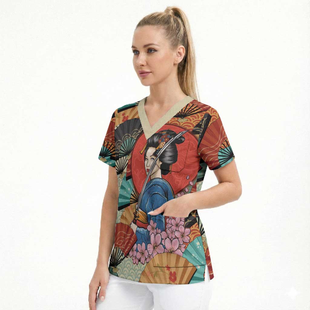 Japanese Geisha Katana Scrub Top Japan Sensu Seigaiha Pattern - Polynesian Pride
