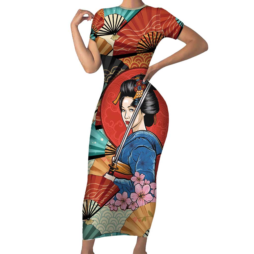 Japanese Geisha Katana Short Sleeve Bodycon Dress Japan Sensu Seigaiha Pattern - Polynesian Pride