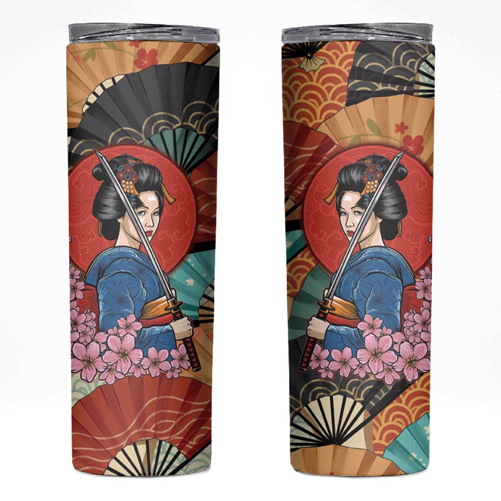Japanese Geisha Katana Skinny Tumbler Japan Sensu Seigaiha Pattern - Polynesian Pride