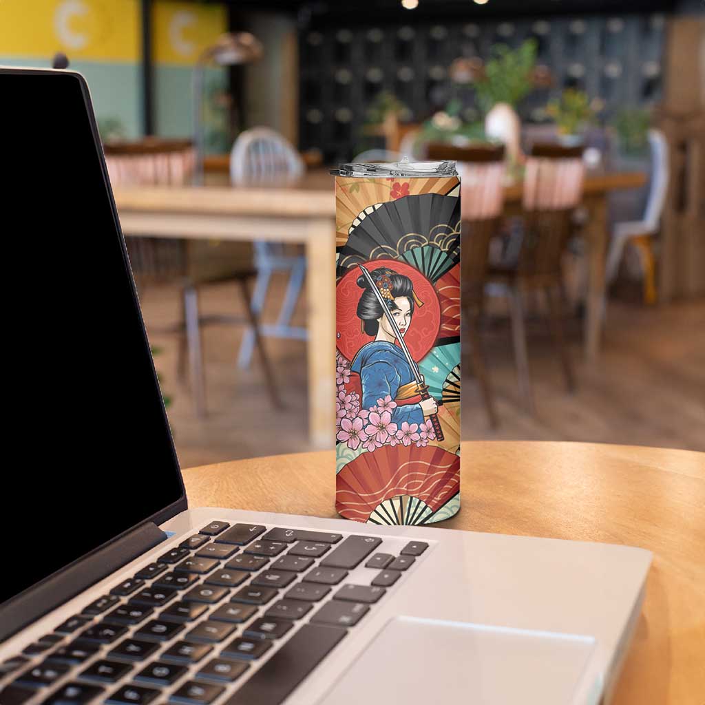Japanese Geisha Katana Skinny Tumbler Japan Sensu Seigaiha Pattern - Polynesian Pride