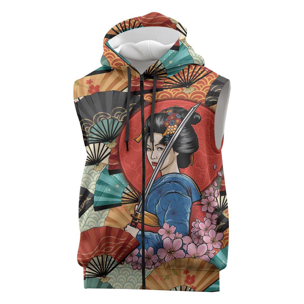 Japanese Geisha Katana Sleeveless Zip Hoodie Japan Sensu Seigaiha Pattern - Polynesian Pride