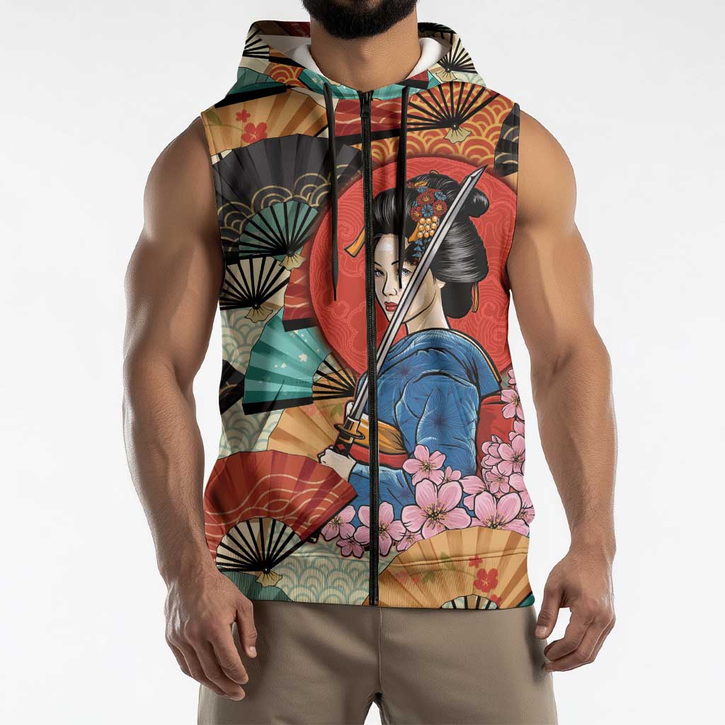 Japanese Geisha Katana Sleeveless Zip Hoodie Japan Sensu Seigaiha Pattern - Polynesian Pride