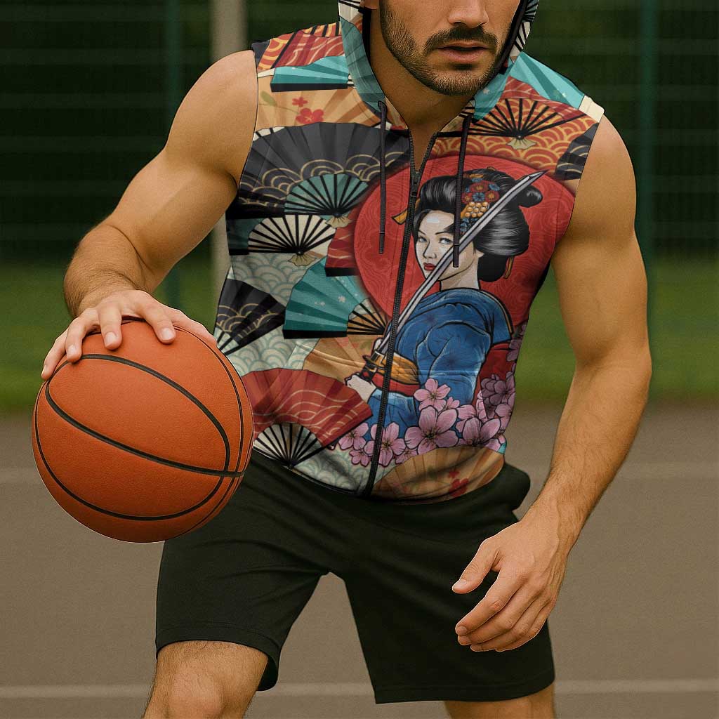 Japanese Geisha Katana Sleeveless Zip Hoodie Japan Sensu Seigaiha Pattern - Polynesian Pride
