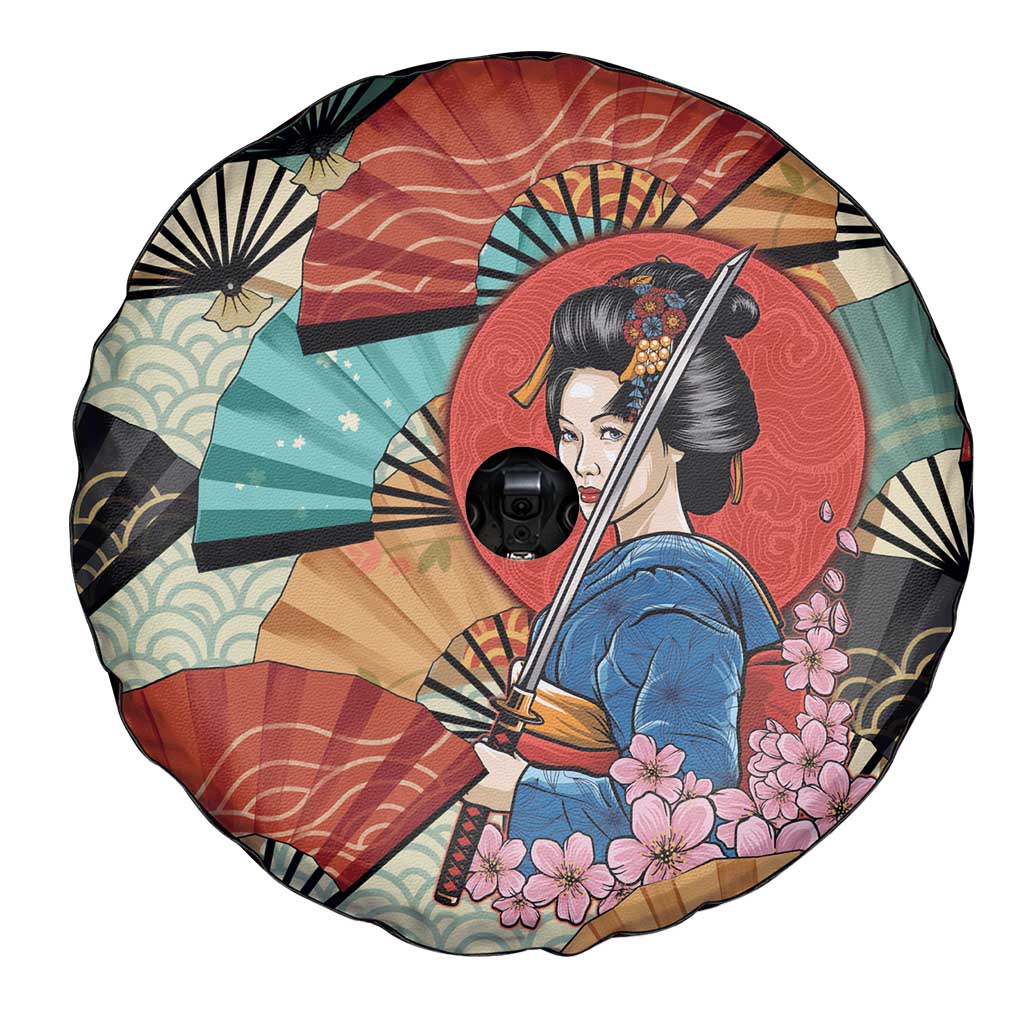 Japanese Geisha Katana Spare Tire Cover Japan Sensu Seigaiha Pattern - Polynesian Pride