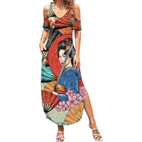 Japanese Geisha Katana Summer Maxi Dress Japan Sensu Seigaiha Pattern - Polynesian Pride