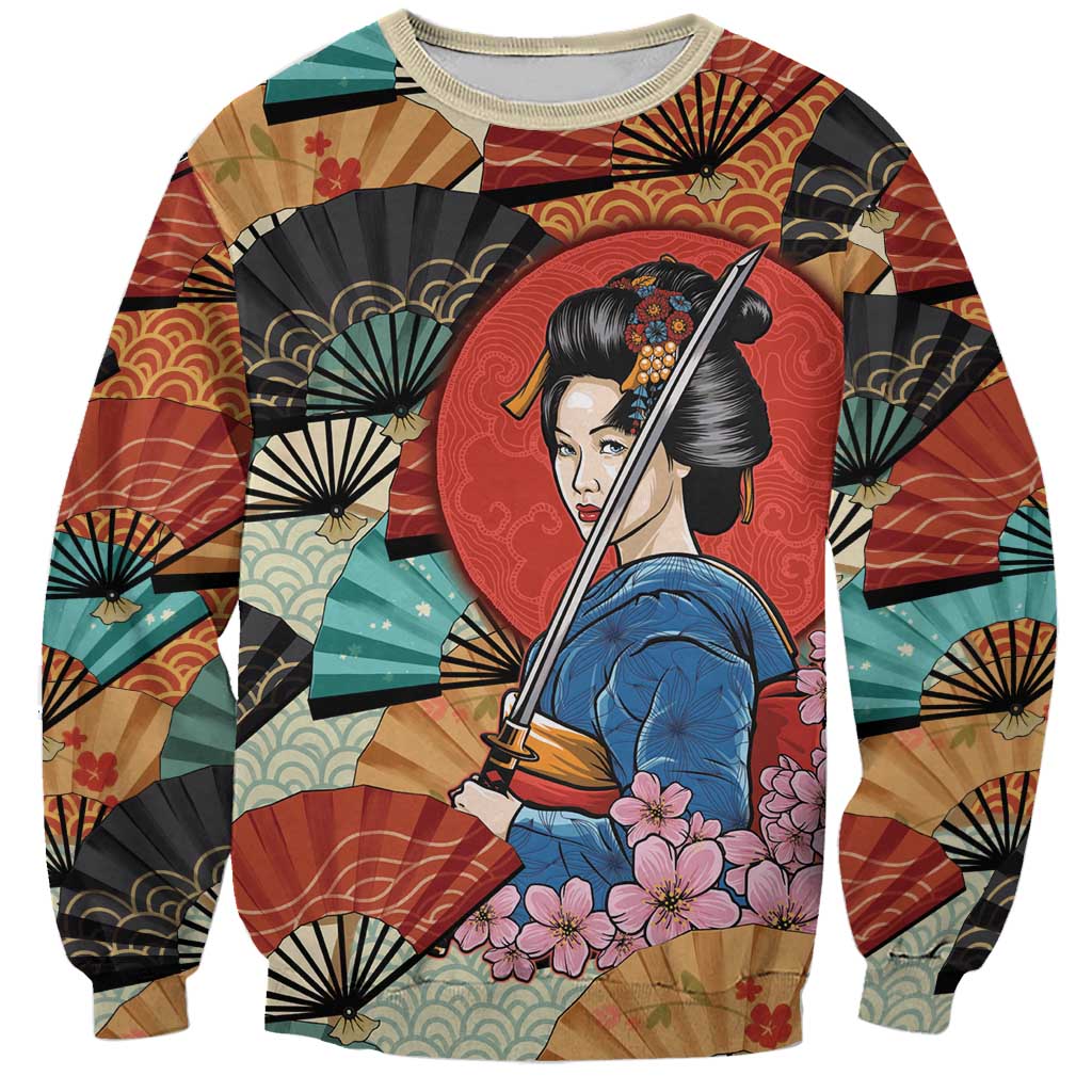 Japanese Geisha Katana Sweatshirt Japan Sensu Seigaiha Pattern - Polynesian Pride