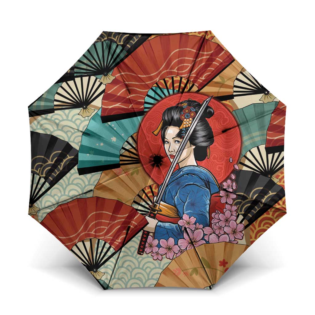 Japanese Geisha Katana Umbrella Japan Sensu Seigaiha Pattern LT14 One Size Folded 11.42 inch Opened Diameter 37.4 inch Multicolor - Polynesian Pride