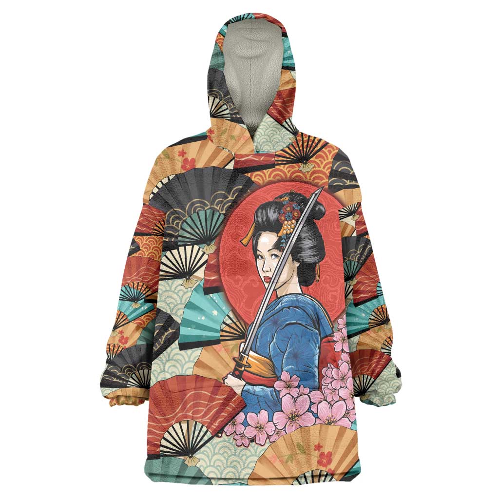 Japanese Geisha Katana Wearable Blanket Hoodie Japan Sensu Seigaiha Pattern - Polynesian Pride