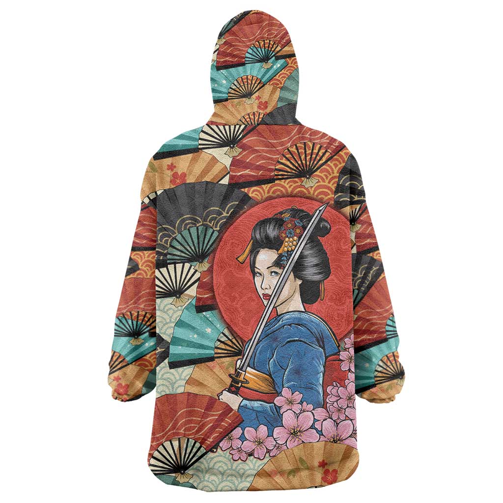Japanese Geisha Katana Wearable Blanket Hoodie Japan Sensu Seigaiha Pattern - Polynesian Pride