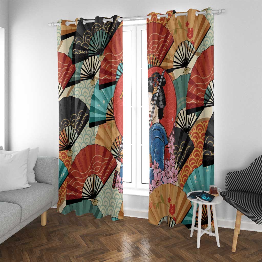 Japanese Geisha Katana Window Curtain Japan Sensu Seigaiha Pattern - Polynesian Pride