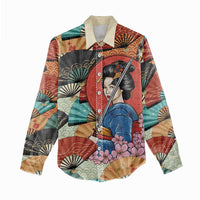 Japanese Geisha Katana Women Casual Shirt Japan Sensu Seigaiha Pattern - Polynesian Pride