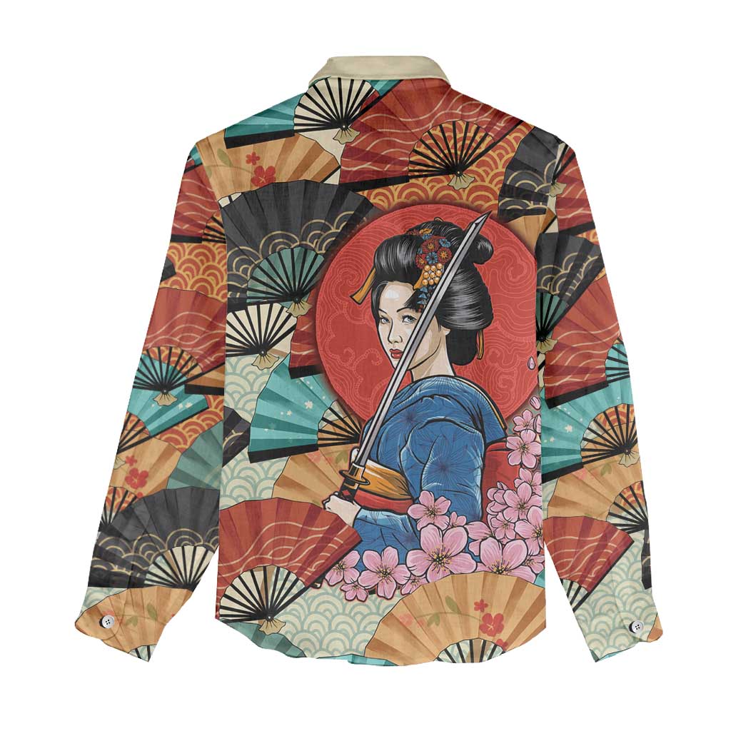 Japanese Geisha Katana Women Casual Shirt Japan Sensu Seigaiha Pattern - Polynesian Pride