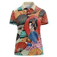 Japanese Geisha Katana Women Polo Shirt Japan Sensu Seigaiha Pattern - Polynesian Pride