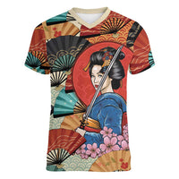 Japanese Geisha Katana Women V-Neck T-Shirt Japan Sensu Seigaiha Pattern - Polynesian Pride