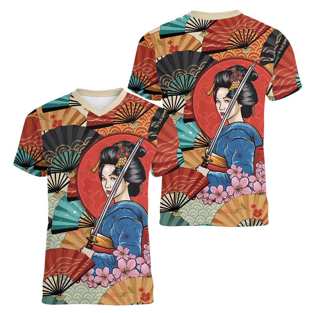 Japanese Geisha Katana Women V-Neck T-Shirt Japan Sensu Seigaiha Pattern - Polynesian Pride