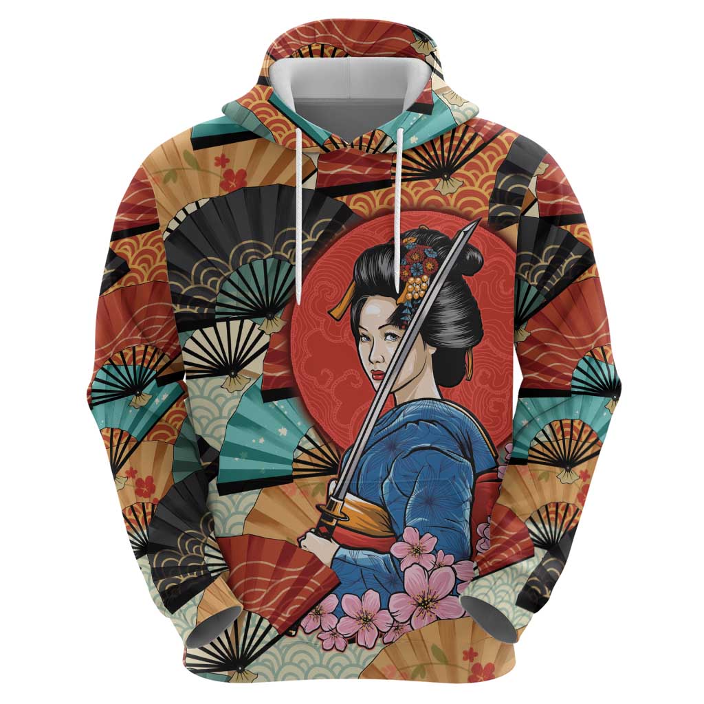 Japanese Geisha Katana Zip Hoodie Japan Sensu Seigaiha Pattern - Polynesian Pride