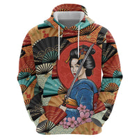 Japanese Geisha Katana Zip Hoodie Japan Sensu Seigaiha Pattern - Polynesian Pride