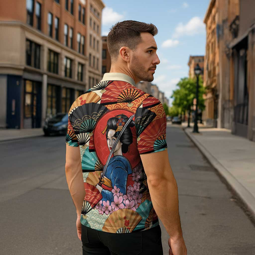 Japanese Geisha Katana Zipper Polo Shirt Japan Sensu Seigaiha Pattern - Polynesian Pride