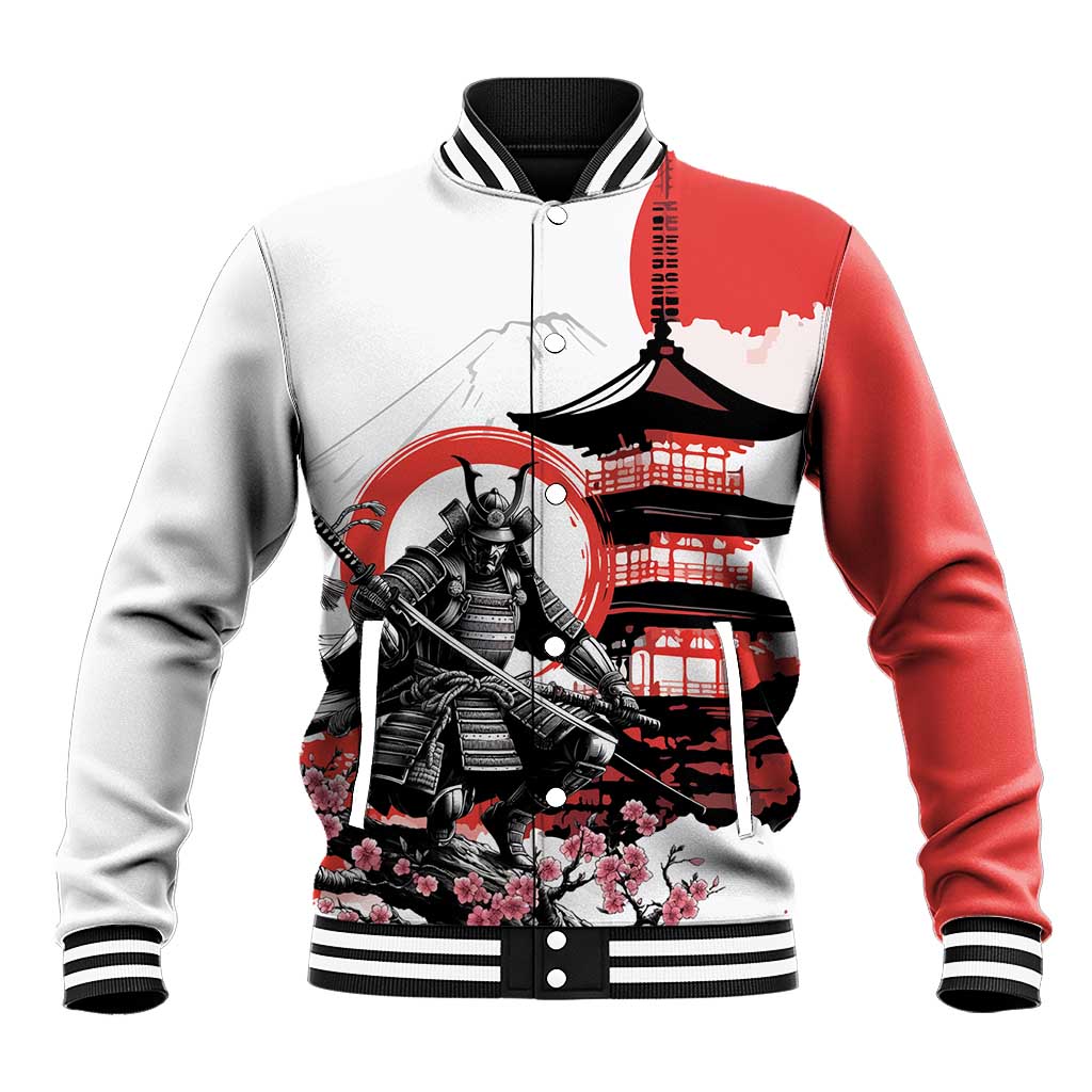Japanese Samurai Warrior Enso Baseball Jacket Japan Pagoda Sakura Watercolor LT14 Unisex White - Polynesian Pride