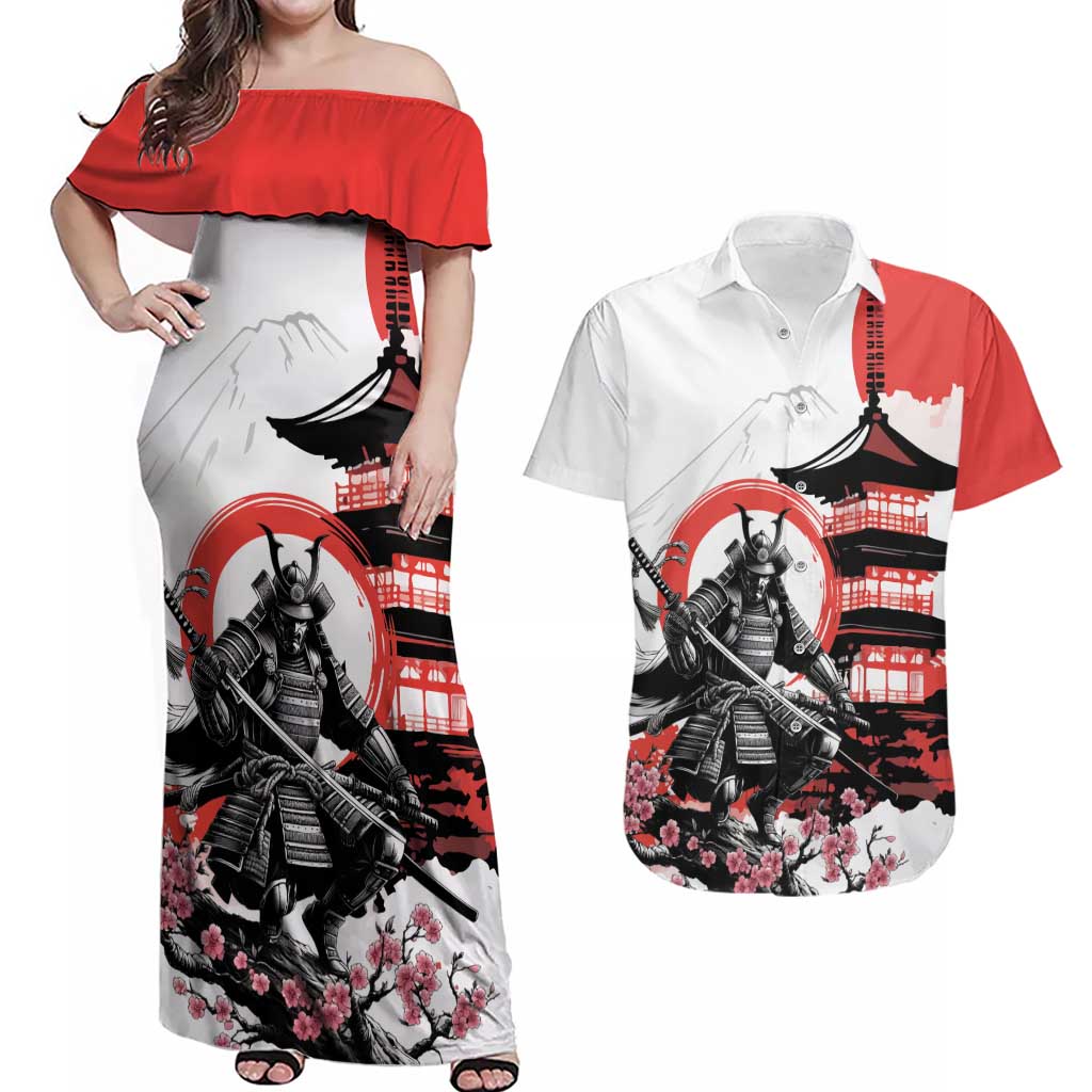 Japanese Samurai Warrior Enso Couples Matching Off Shoulder Maxi Dress and Hawaiian Shirt Japan Pagoda Sakura Watercolor - Polynesian Pride
