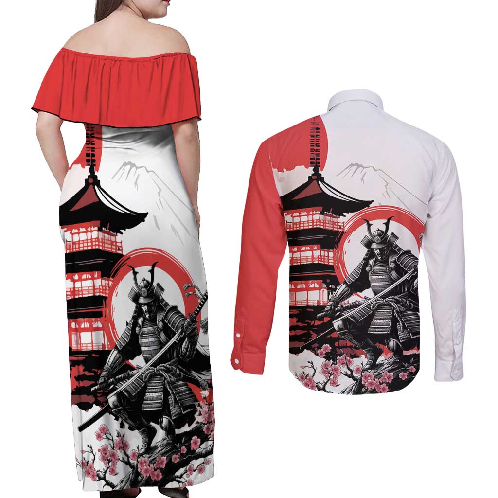 Japanese Samurai Warrior Enso Couples Matching Off Shoulder Maxi Dress and Long Sleeve Button Shirt Japan Pagoda Sakura Watercolor - Polynesian Pride