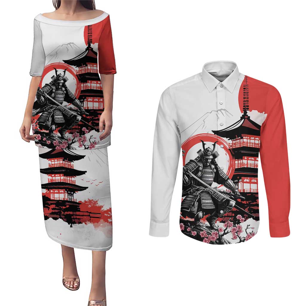 Japanese Samurai Warrior Enso Couples Matching Puletasi and Long Sleeve Button Shirt Japan Pagoda Sakura Watercolor - Polynesian Pride