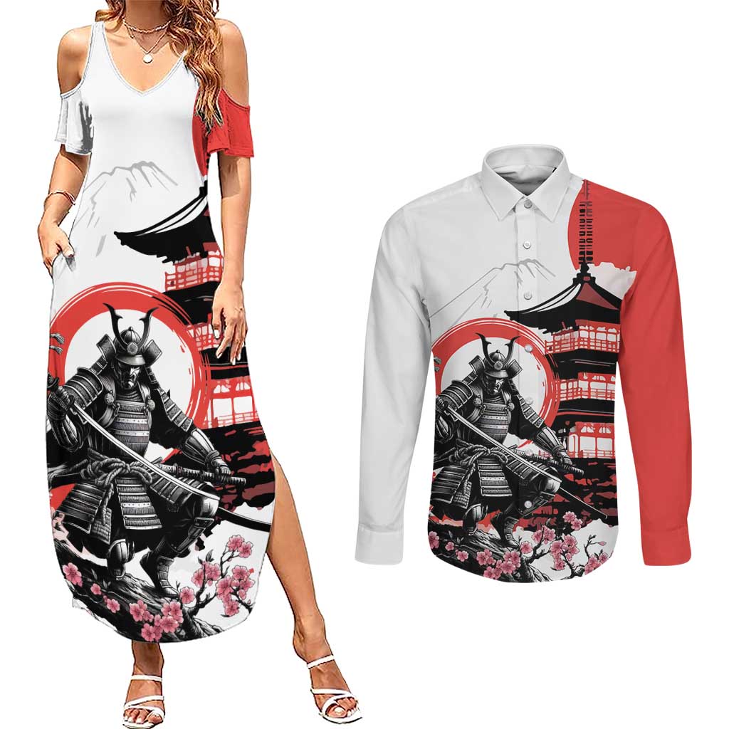 Japanese Samurai Warrior Enso Couples Matching Summer Maxi Dress and Long Sleeve Button Shirt Japan Pagoda Sakura Watercolor - Polynesian Pride