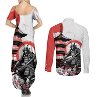 Japanese Samurai Warrior Enso Couples Matching Summer Maxi Dress and Long Sleeve Button Shirt Japan Pagoda Sakura Watercolor - Polynesian Pride