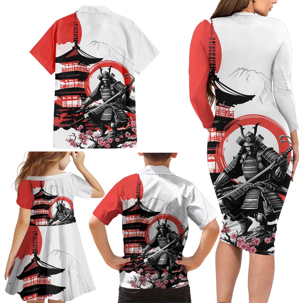 Japanese Samurai Warrior Enso Family Matching Long Sleeve Bodycon Dress and Hawaiian Shirt Japan Pagoda Sakura Watercolor LT14 - Polynesian Pride