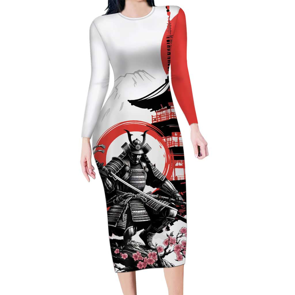 Japanese Samurai Warrior Enso Family Matching Long Sleeve Bodycon Dress and Hawaiian Shirt Japan Pagoda Sakura Watercolor LT14 Mom's Dress White - Polynesian Pride
