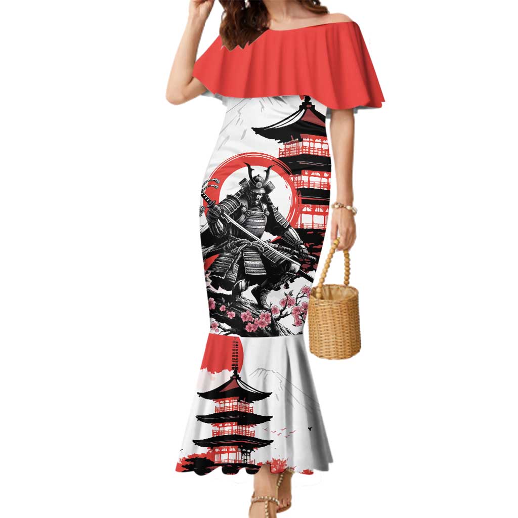 Japanese Samurai Warrior Enso Family Matching Mermaid Dress and Hawaiian Shirt Japan Pagoda Sakura Watercolor LT14 Mom's Dress White - Polynesian Pride