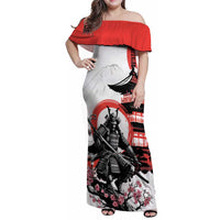 Japanese Samurai Warrior Enso Family Matching Off Shoulder Maxi Dress and Hawaiian Shirt Japan Pagoda Sakura Watercolor LT14 Mom's Dress White - Polynesian Pride