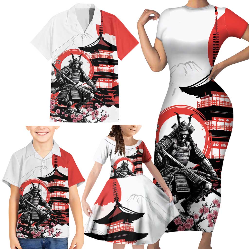 Japanese Samurai Warrior Enso Family Matching Short Sleeve Bodycon Dress and Hawaiian Shirt Japan Pagoda Sakura Watercolor - Polynesian Pride