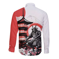 Japanese Samurai Warrior Enso Long Sleeve Button Shirt Japan Pagoda Sakura Watercolor - Polynesian Pride