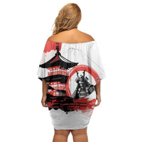 Japanese Samurai Warrior Enso Off Shoulder Short Dress Japan Pagoda Sakura Watercolor - Polynesian Pride