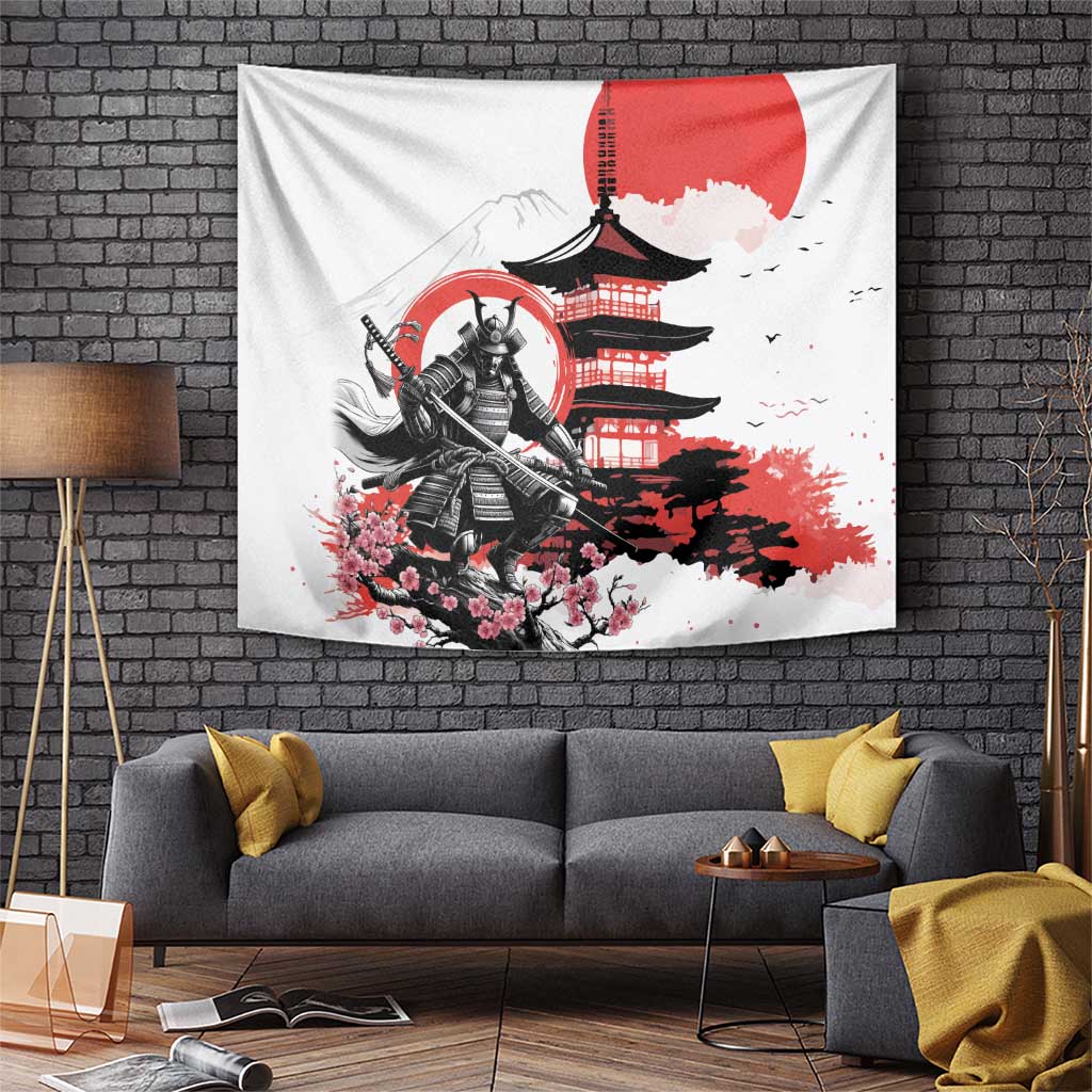 Japanese Samurai Warrior Enso Tapestry Japan Pagoda Sakura Watercolor - Polynesian Pride