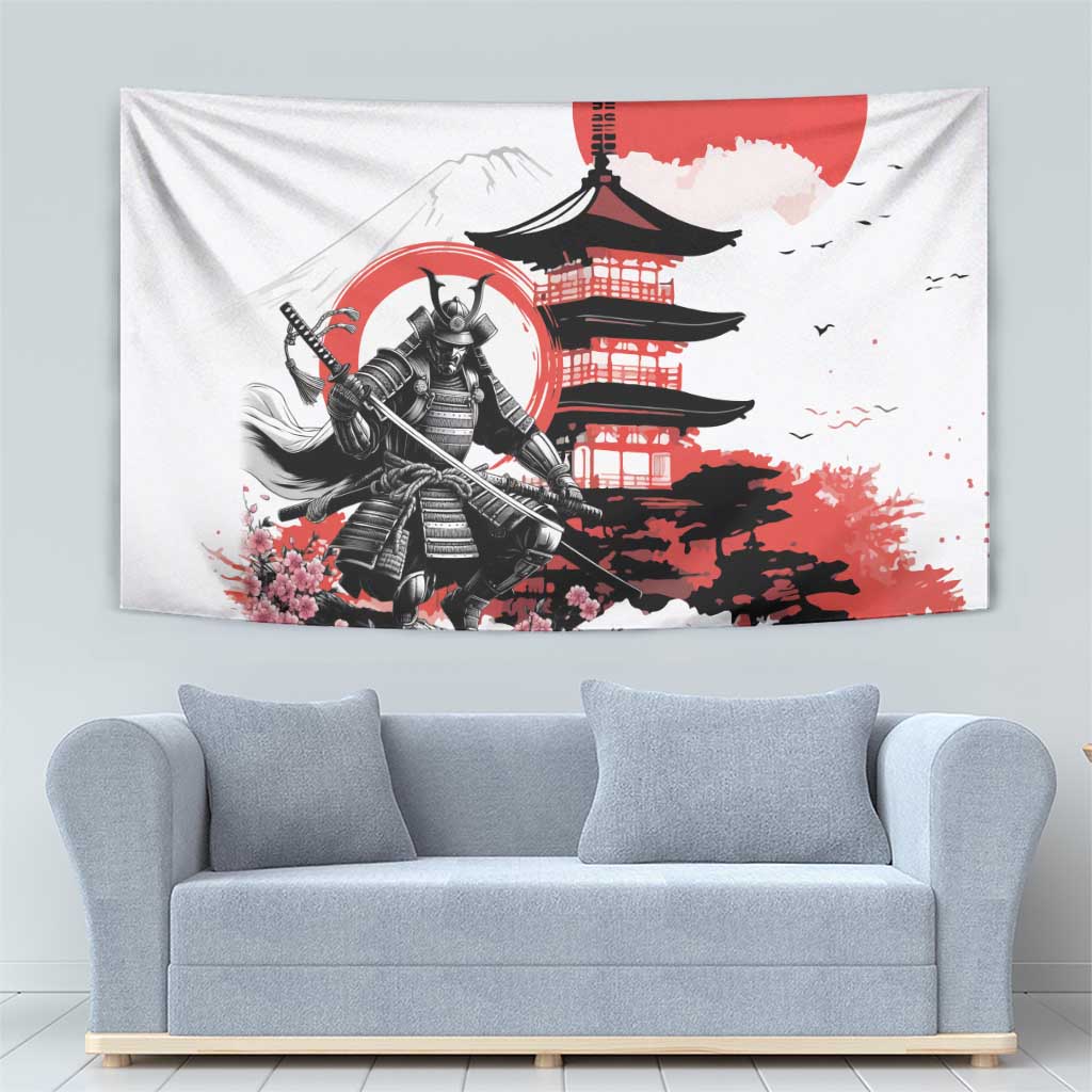 Japanese Samurai Warrior Enso Tapestry Japan Pagoda Sakura Watercolor - Polynesian Pride