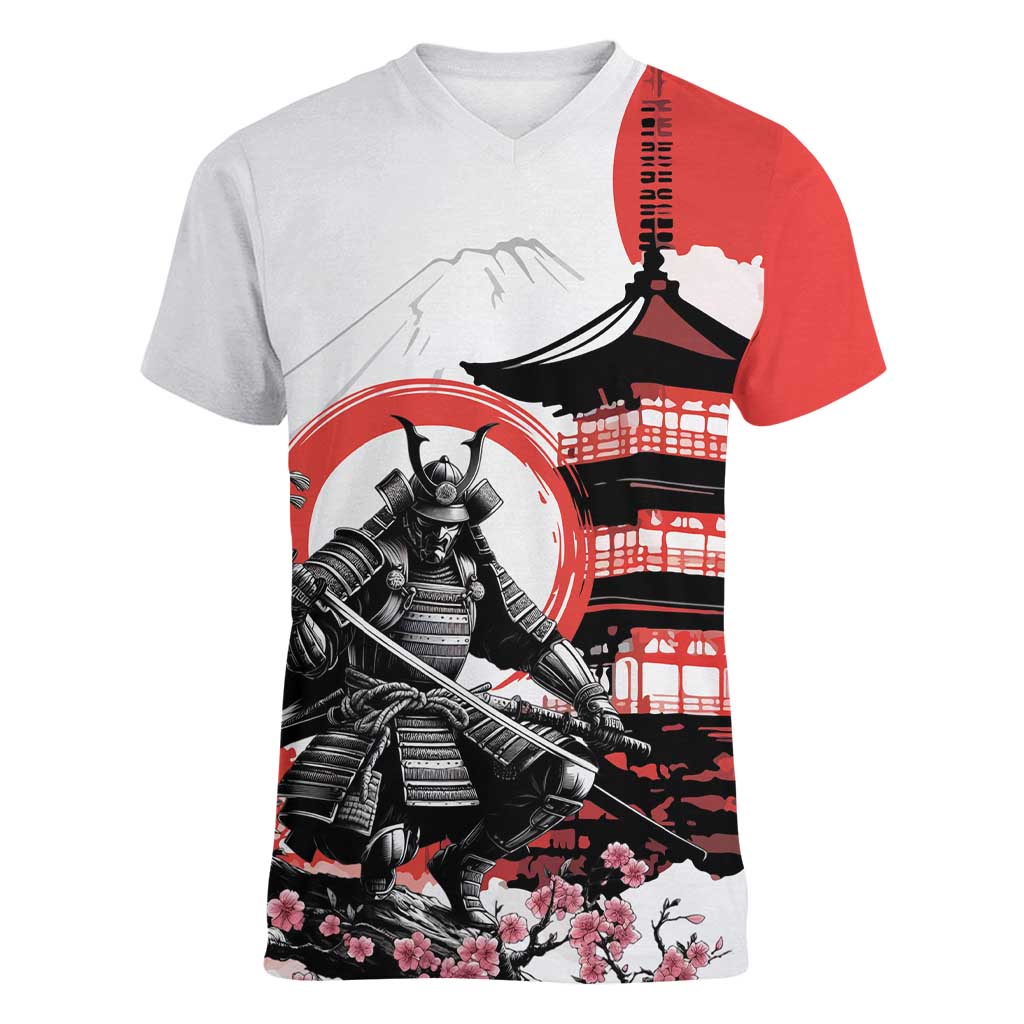 Japanese Samurai Warrior Enso Women V-Neck T-Shirt Japan Pagoda Sakura Watercolor - Polynesian Pride