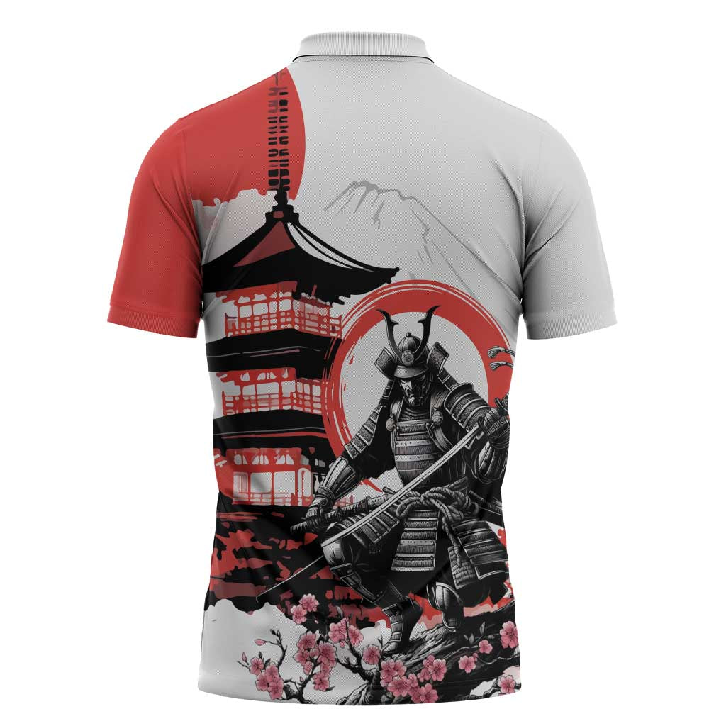 Japanese Samurai Warrior Enso Zipper Polo Shirt Japan Pagoda Sakura Watercolor - Polynesian Pride