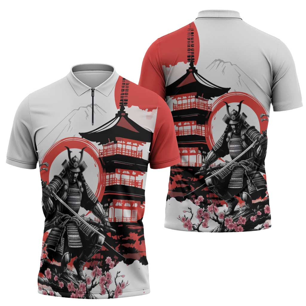 Japanese Samurai Warrior Enso Zipper Polo Shirt Japan Pagoda Sakura Watercolor - Polynesian Pride