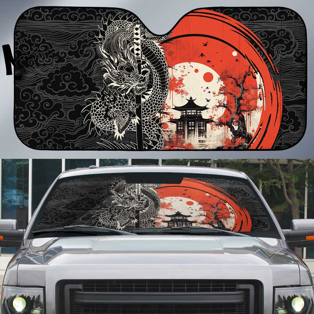 Japanese Dragon Katana Enso Auto Sun Shade Japan Pagoda Seamless Cloud LT14 Black - Polynesian Pride